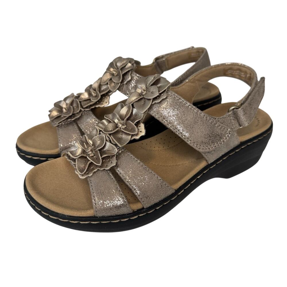 Clarks Merliah Sheryl Sandals Women's 7.5 Floral Gold Metallic Sling Back Flower